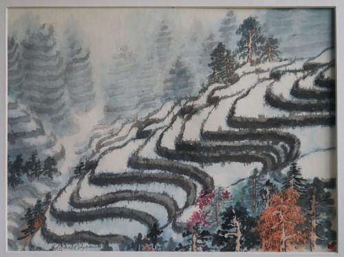 Edward Lee, Rice Paddies, Ink and watercolor on rice paper, 11 x 15 inches, 2012